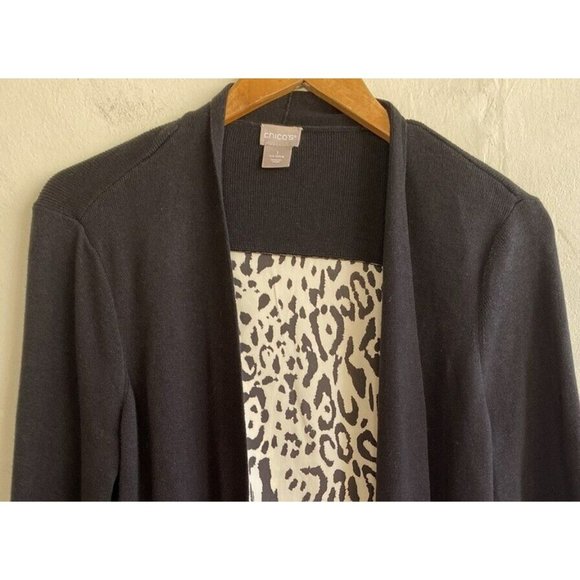 COPY - Chico's Knit Sheer Open Front Cardigan 1/Medium Black Animal Print Contr… - Picture 2 of 8